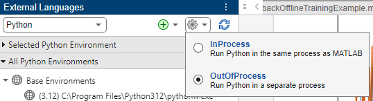 The MATLAB External Lanaguages panel with gear dropdown selceted to switch process mode.