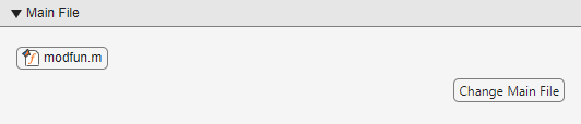 Main file section of the compiler task with a button labeled 'Change Main File.' The file modfun.m has been added.