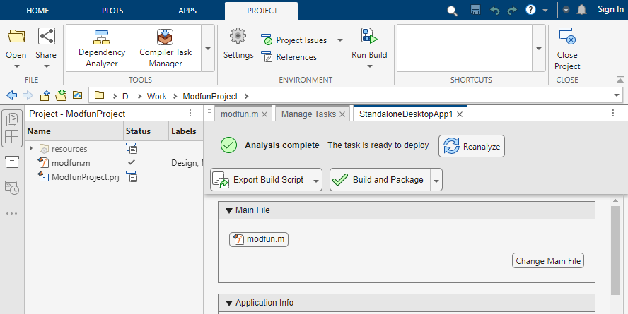 Project tab of the Standalone Application Compiler app shows the Project panel on the left and the Compiler Task Editor on the right