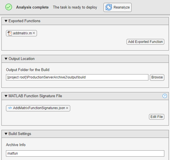 Production Server Archive Compiler with addmatrix.m in the Exported Functions section and addmatrixFunctionSignatures.json in the MATLAB Function Signature File section