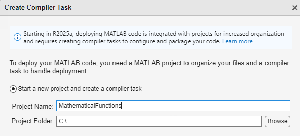 Create Compiler Task dialogue with "Start a new project and create a compiler task" selected