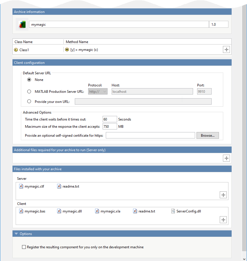 Panes of Production Server Compiler, including Archive information, Client configuration, and Files installed with your archive.