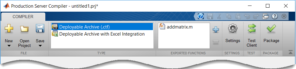 Production Server Compiler with Deployable Archive (.ctf) type selected and addmatrix.m in the exported functions section