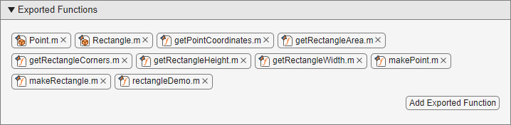Exported file section of the compiler task with function files selected and a button labeled Add Exported Function