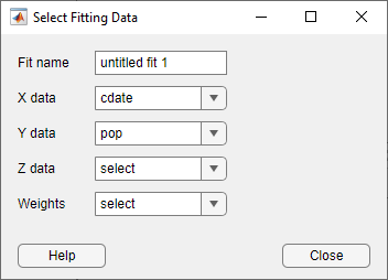 Select Fitting Data dialog box, populated by the census data