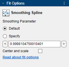 Fit Options pane for smoothing spline fit