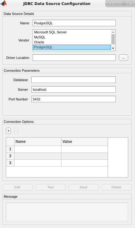 JDBC Data Source Configuration dialog box with the selected PostgreSQL vendor