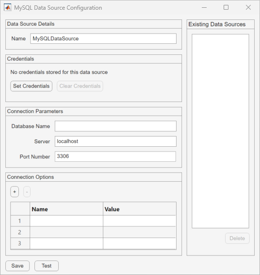 MySQL Data Source Configuration dialog box