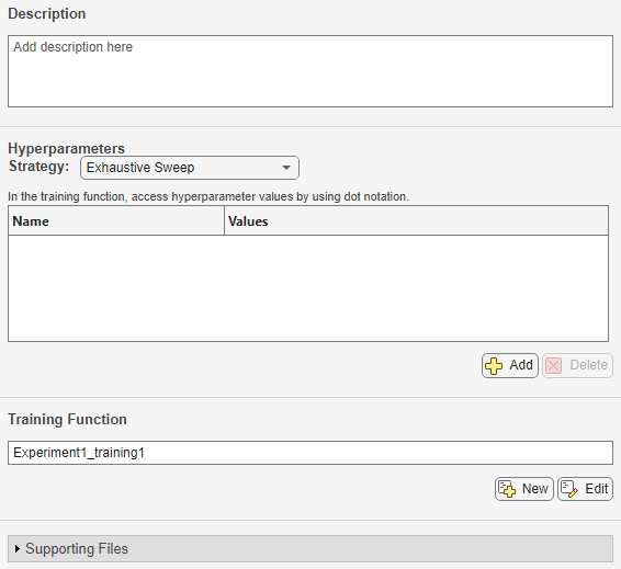 Experiment definition tab showing the default configuration for a custom training experiment