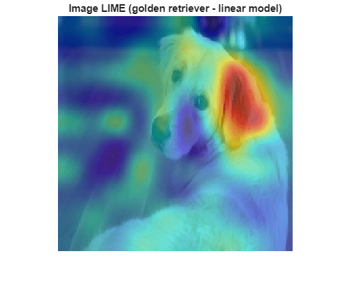 Figure contains an axes object. The hidden axes object with title Image LIME (golden retriever - linear model) contains 2 objects of type image.