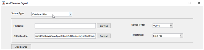 Add/Remove Signal dialog box with Source Type set to Velodyne Lidar