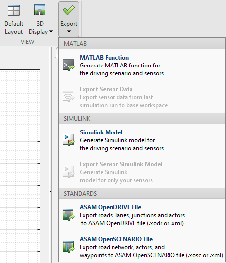 Export menu for OpenSCENARIO in Driving Scenario Designer app