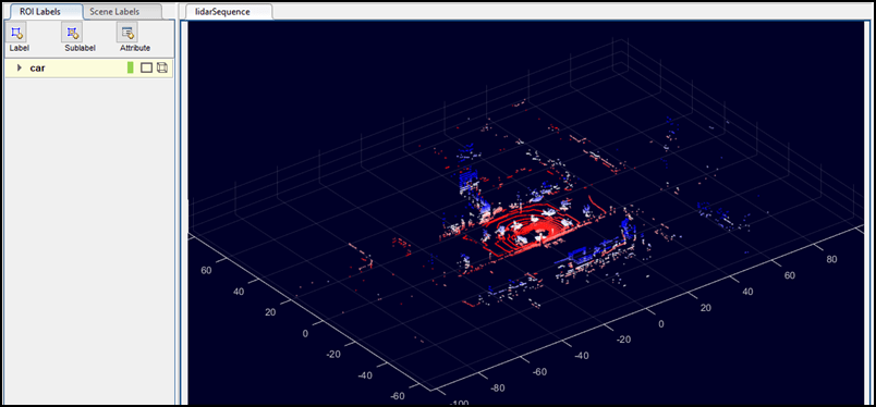 Point cloud from lidar sequence with label "car" in ROI Labels pane