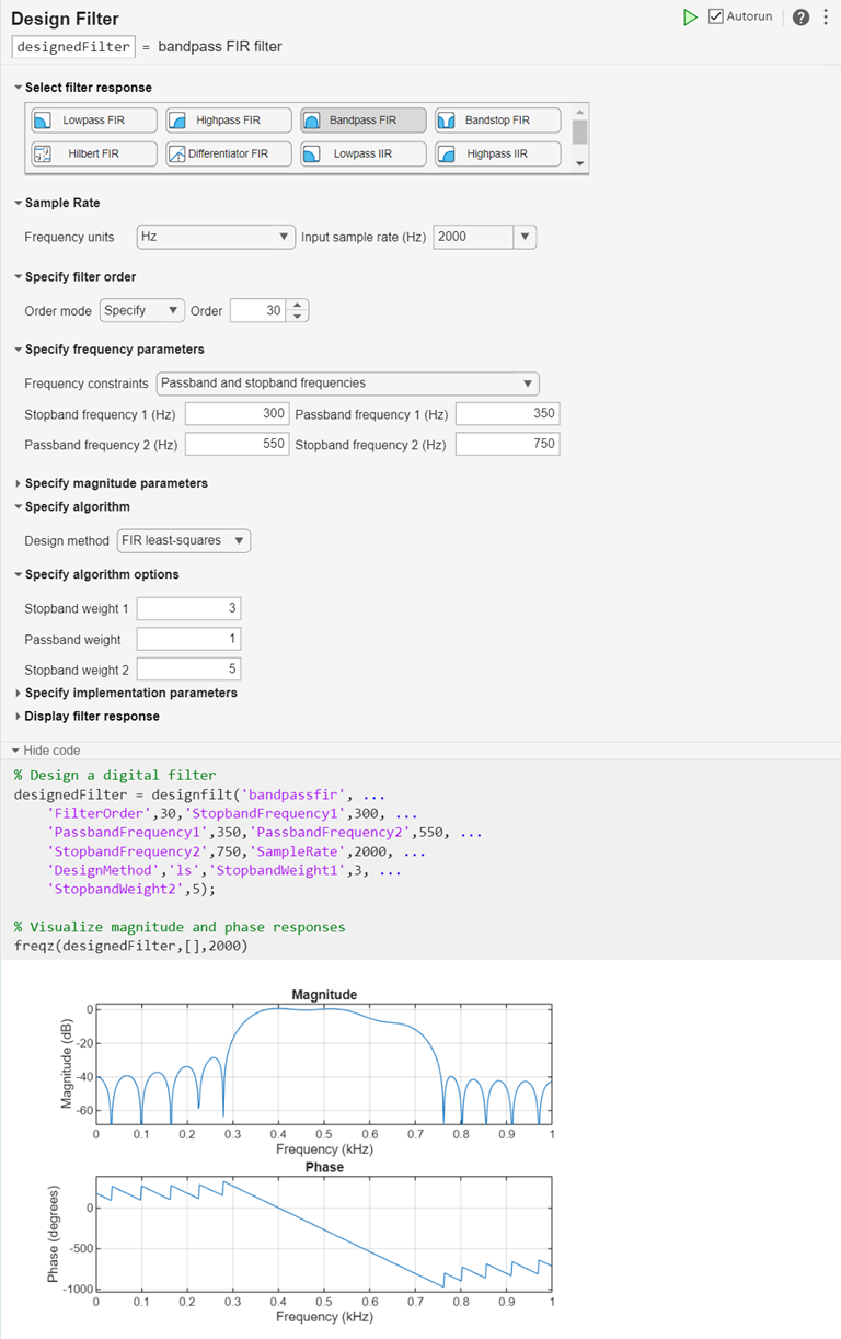 Bandpass FIR filter design using Live Editor task