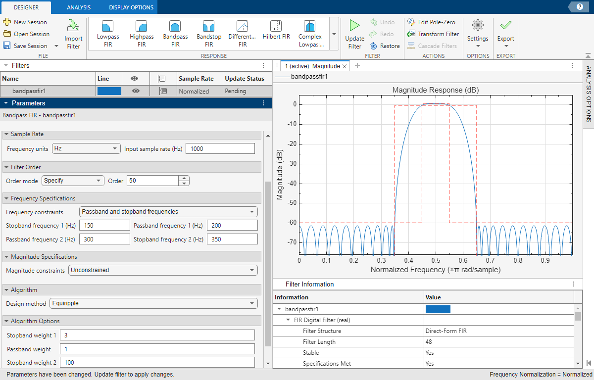 Bandpass filter design and visualization using Filter Designer app