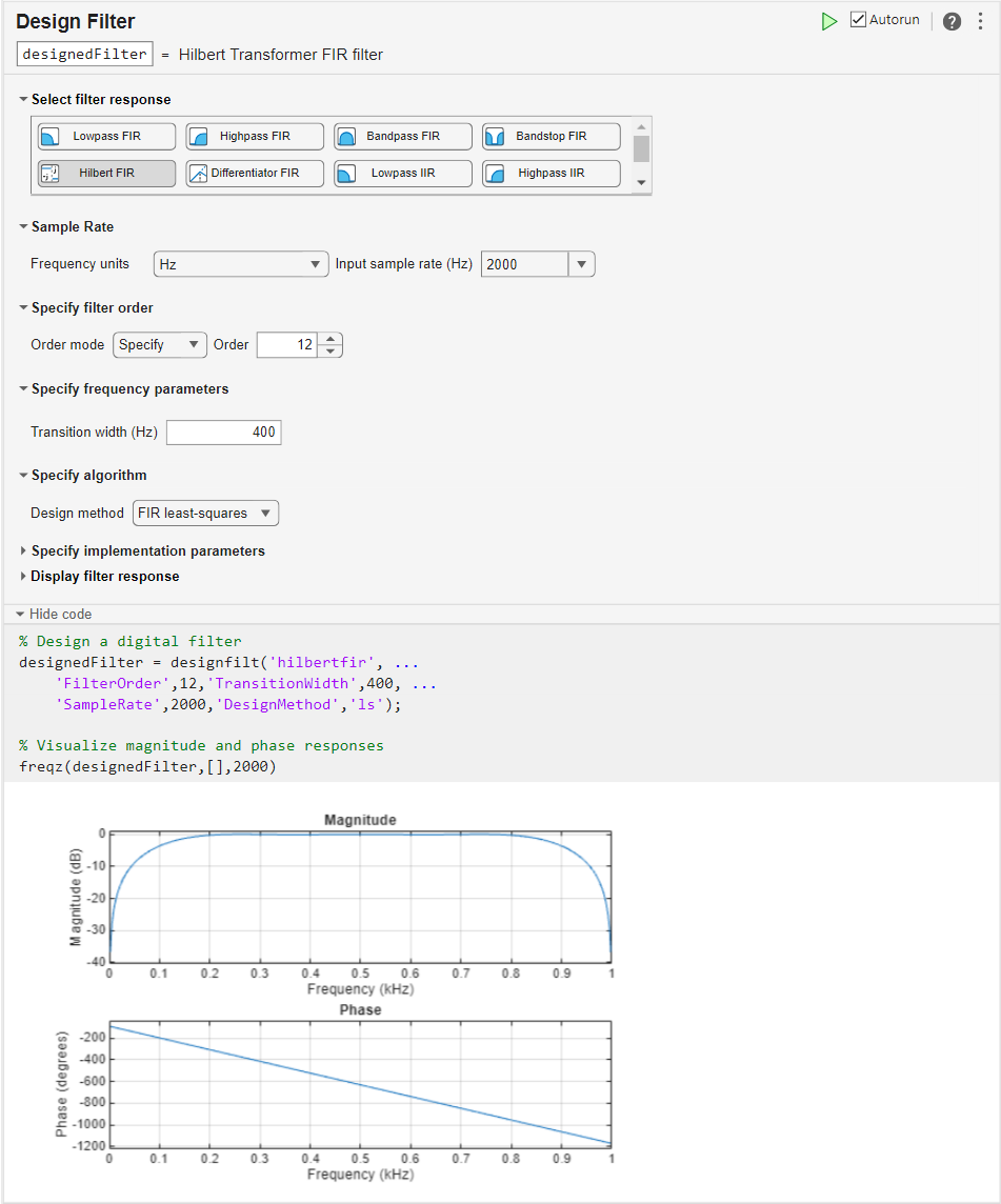 Hilbert FIR filter design using Live Editor task