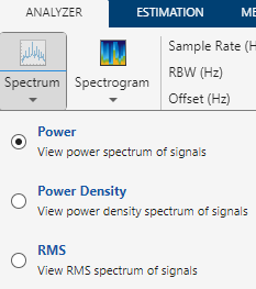 First UI button on Analyzer tab. Clicking on the drop down arrow gives the three spectrum options.
