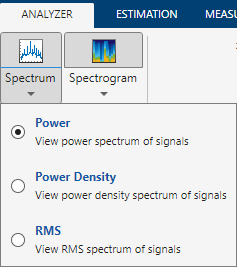 Clicking on the drop down arrow under Spectrum and Spectrogram shows Power, Power Density, and RMS.