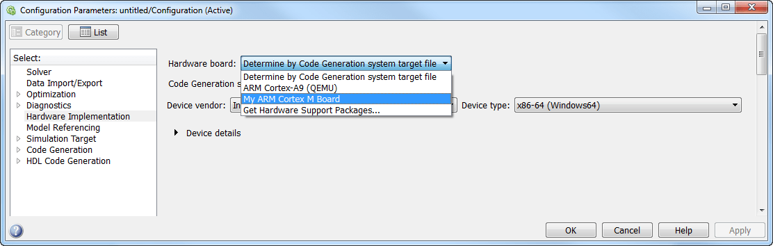 The Hardware Board selection in the Hardware Implementation pane of the Configuration Parameters dialog box displays your specified hardware name.