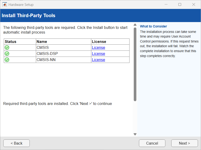 Hardware Setup window displaying the Install Third‑Party Tools step. A table lists CMSIS, CMSIS‑DSP, and CMSIS-NN with links beside each item.