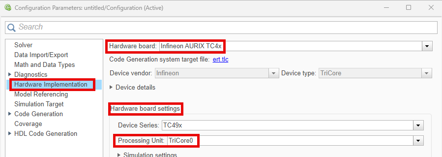 Hardware Implementation pane configuration