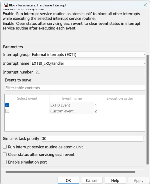 Block configuration parameters for external interrupt block in STM32 library
