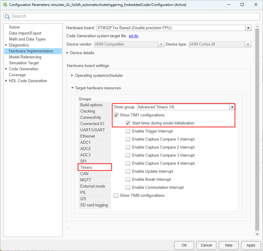 Model configuration parameters for selecting PWM resource on STM32F4xx Based processor board
