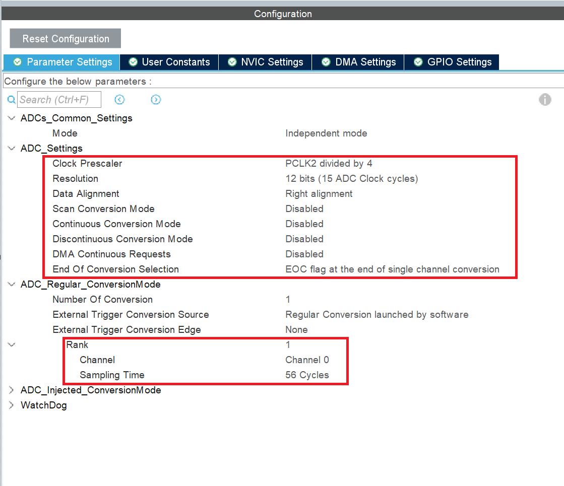 Configuration options for Analog Input resource in STM32 CubeMX configuration software