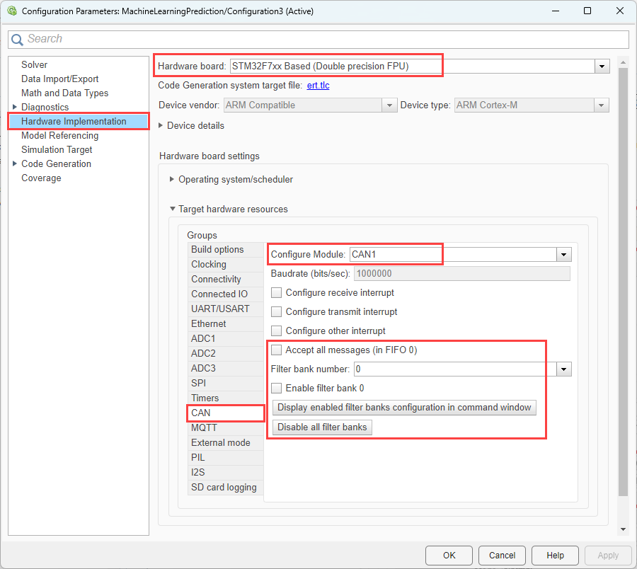 Model configuration parameters for selecting CAN resource on STM32F4xx Based processor board