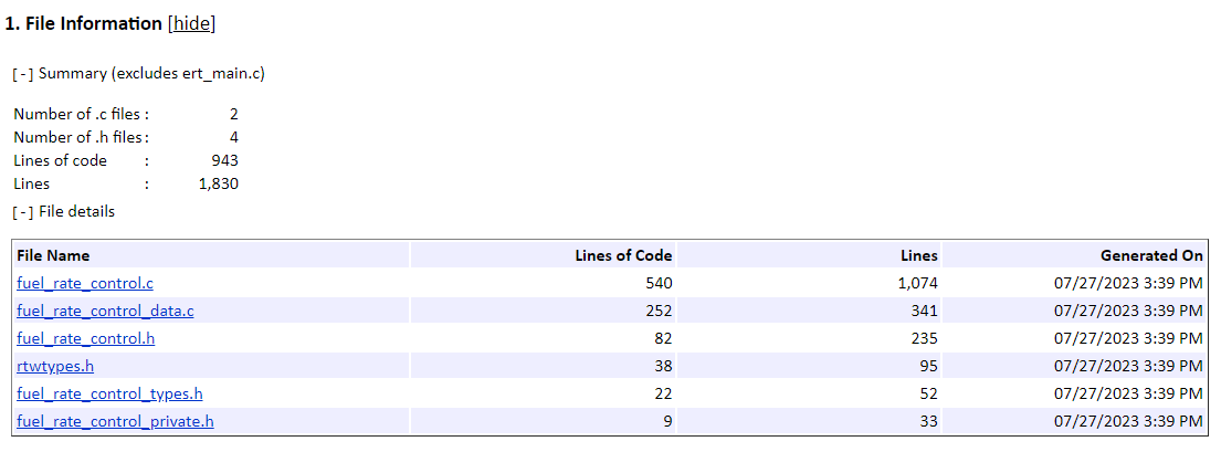 File Information section of the static code metrics report. A table shows columns for the file name, lines of code, lines, and generation date for each file.