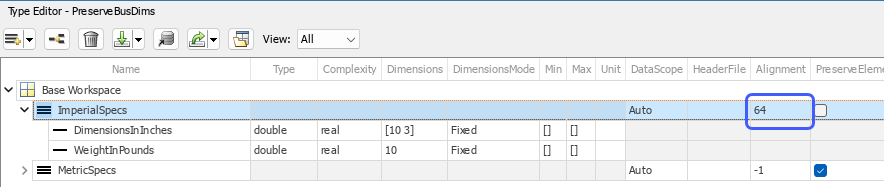 Type Editor for the PreserveBusDims model. The row for the object ImperialSpecs is highlighted. The Alignment column for that row shows a value of 64.