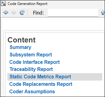 Content pane of the code generation report. The Static Code Metrics link is highlighted.