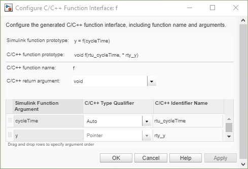 View the Configure C/C++ Function Interface dialogue box