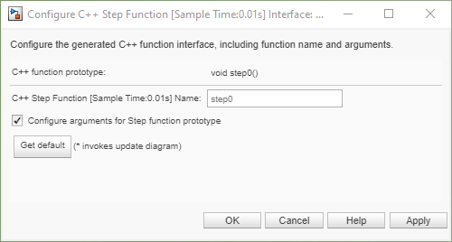 Preview the C++ step function name and arguments in the Configure C++ Step Function dialogue box