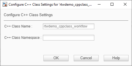 View of the configuration display for the C++ class name and namespace