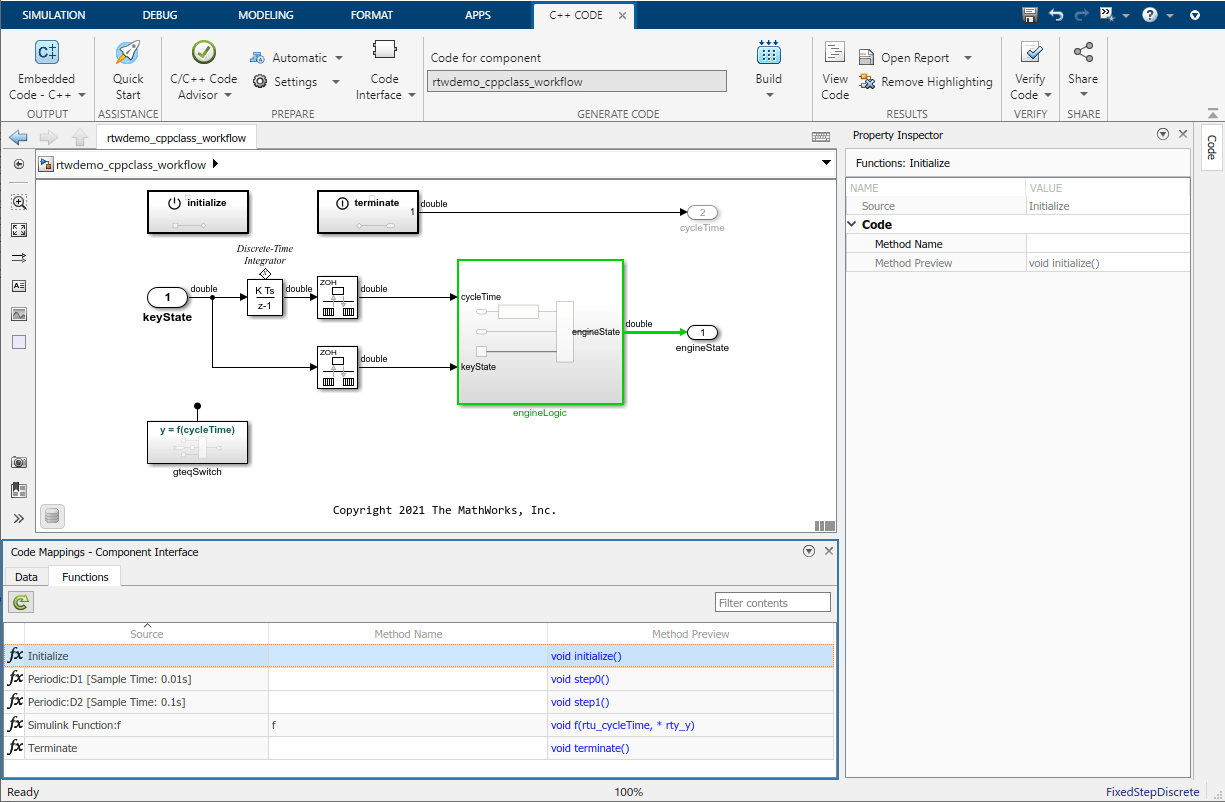 View of the CppClassWorkflowKeyIgnition model in Simulink. The toolstrip is at the top. The Simulink model is in the middle. The Code Mappings pane is at the bottom. The Functions tab in the Code Mappings pane is selected. The Property Inspector pane is on the right.