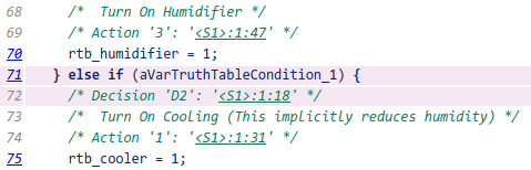 Generated code with two lines for a decision highlighted.