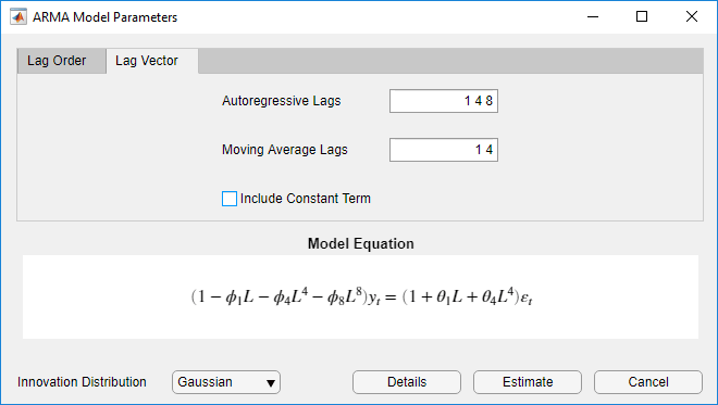The ARMA Model Parameters dialog box with the "Lag Vector" tab selected, Autoregressive Lags set to 1 4 8 and Moving Average Lags set to 1 4, and the check box next-to "Include Constant Term" unselected. The Model Equation section is at the bottom.