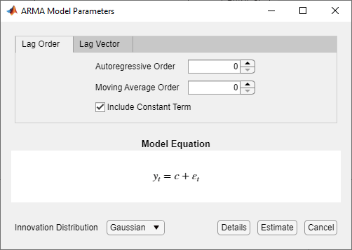 The ARMA Model Parameters dialog box with the "Lag Order" tab selected, Autoregressive Order and Moving Average Order set to zero, and the check box next-to "Include Constant Term" selected. The Model Equation section is at the bottom.