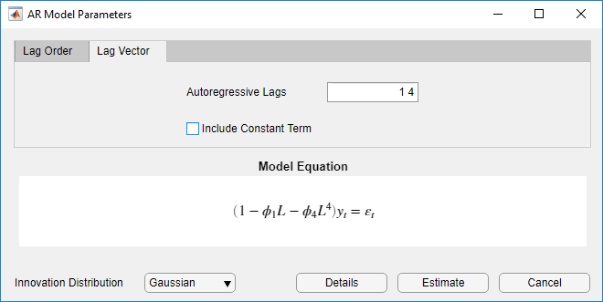 The AR Model Parameters dialog box with the "Lag Vector" tab selected, Autoregressive Lags set to 1 4, and the check box next-to "Include Constant Term" unselected. The Model Equation section is at the bottom.