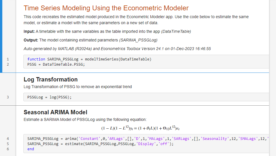 This is a screen shot of some sections of code recreating the estimated model produced in the Econometric Modeler app.