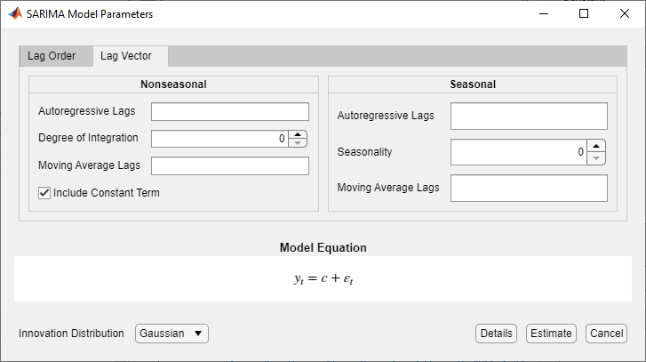SARIMA Model Parameters dialog box showing Lag Vector tab with parameter settings