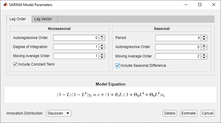 SARIMA Model Parameters dialog box showing Lag Order tab with parameter settings