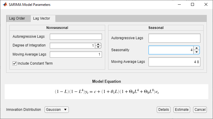 SARIMA Model Parameters dialog box showing Lag Vector tab with parameter settings in the Nonseasonal and Seasonal sections