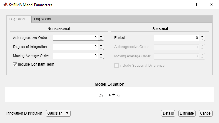 The SARIMA Model Parameters dialog box has the "Lag Order" tab selected. The Nonseasonal section shows Autoregressive Order, Degree of Integration, and Moving Average Order all set to zero. The check box next-to "Include Constant Term" is selected. The Seasonal section shows Period set to zero and has Autoregressive Order, Moving Average Order, and Include Seasonal Difference grayed out. The Model Equation section is at the bottom.
