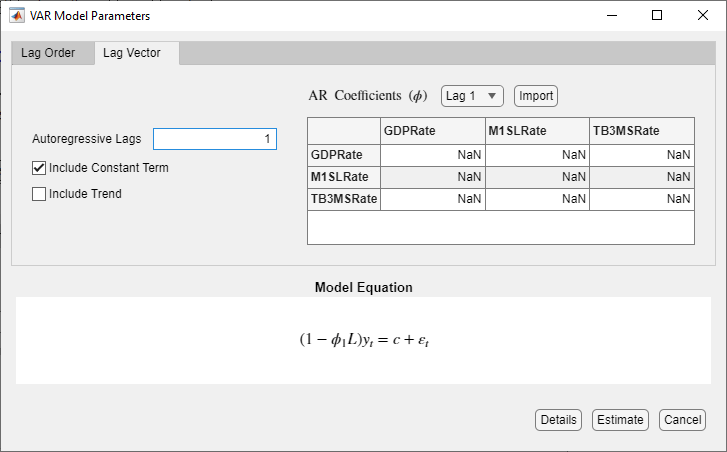 VAR Model Parameters dialog box specifying a VAR(4) model that includes a constant vector and showing the contents of the Lag Vector tab
