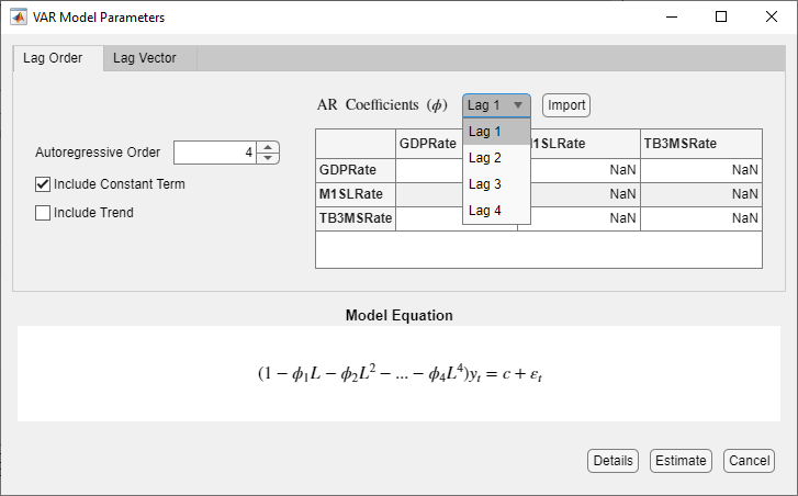 VAR Model Parameters dialog box specifying a VAR(4) model that includes a constant vector and showing lags 1 through 4 in the AR Coefficients list