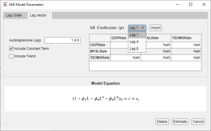 VAR Model Parameters dialog box specifying a VAR(4) model that includes a constant vector and showing specified parameters of the Lag Vector tab