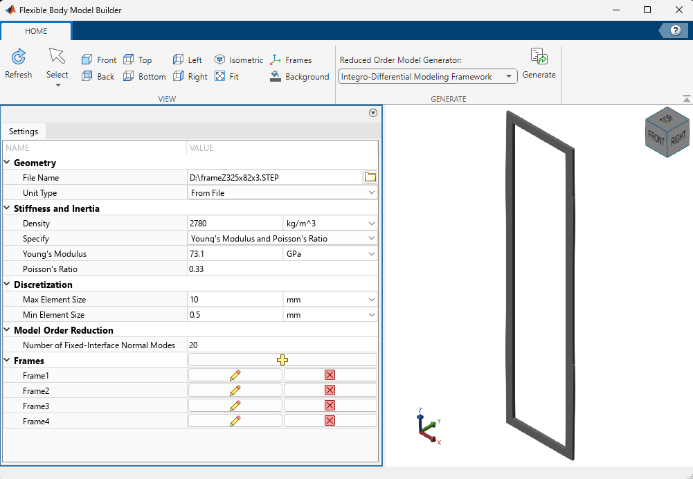 Flexible Body Model Builder app shows settings for the inner solar array panel