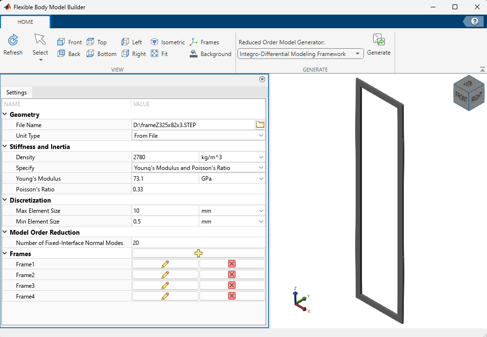 Flexible Body Model Builder app shows settings for the inner solar array panel